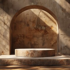 Sunlit marble bathtub set against an arched rustic wall, creating a serene and luxurious atmosphere.