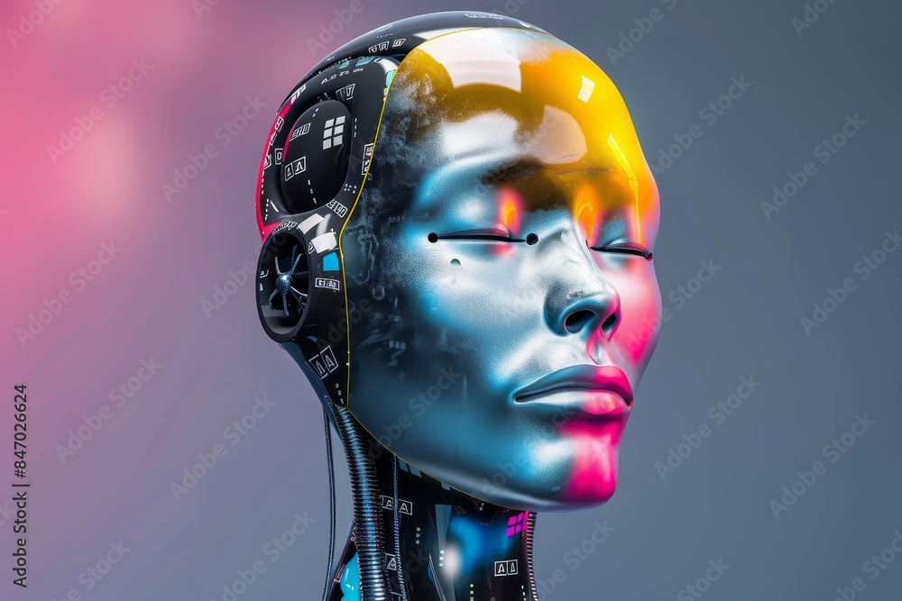Poster robotic head with colorful ai interface, representing the fusion of robotics and artificial intellig