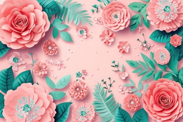 A bright pink background adorned with paper flowers and leaves