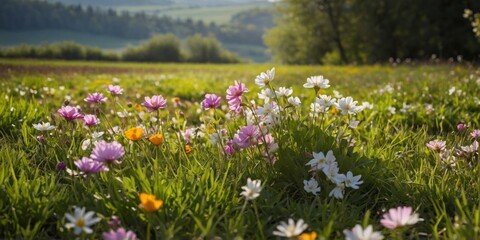 A serene field of wildflowers bathed in the warm light of morning sun, representing peace and natural beauty