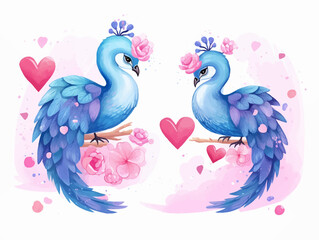A pair of romantic peacock birds on a branch. love concept on watercolor style set element