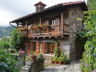 A traditional Spanish Galician stone house with slate roof and wooden balconies 