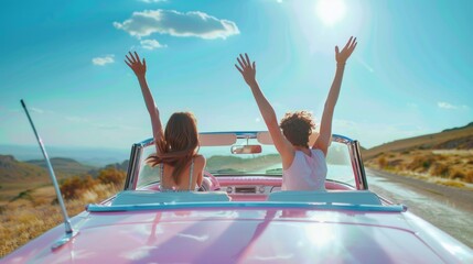 Obraz premium Two women sit in the back seat of a pink car, smiling and chatting