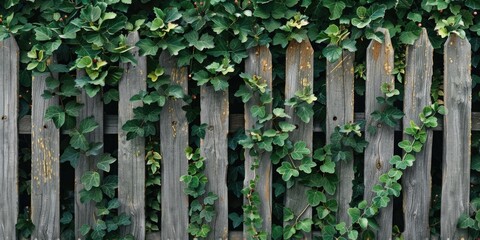 A wooden fence covered in green plants and trees, perfect for use as a background or accentuating nature's beauty