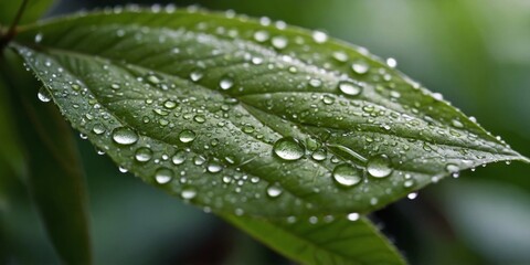 Close-up of a vibrant green leaf covered in crystal clear water droplets after rainfall