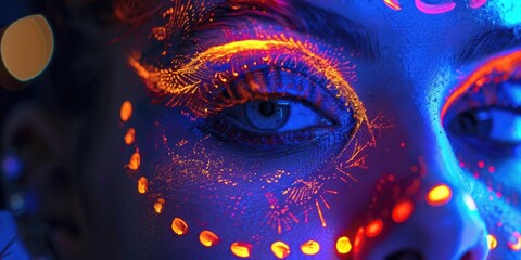 Close-up portrait of a person with vibrant neon makeup, great for representing individuality or futuristic themes