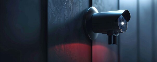 Security futuristic smart camera mounted on wall of company building, banner. Generative Ai.