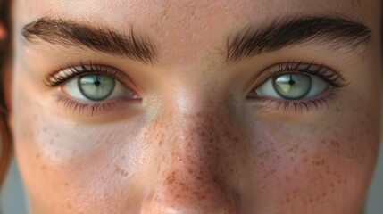 Fototapeta premium Close-up portrait of a woman's face featuring distinctive freckles, ideal for use in beauty or lifestyle editorial contexts