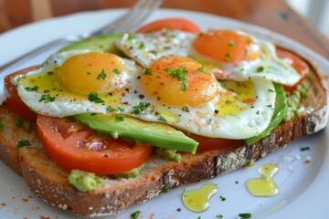 Vibrant photograph showcasing a healthy avocado toast topped with poached eggs, tomatoes, and herbs