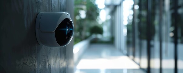 Security futuristic smart camera mounted on wall of company building, banner. Generative Ai.