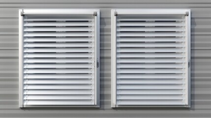 An isolated plastic window with rolling shutters isolated on a transparent background. A realistic modern set of closed and open roller shutters for office windows, white blinds for shopfronts. 