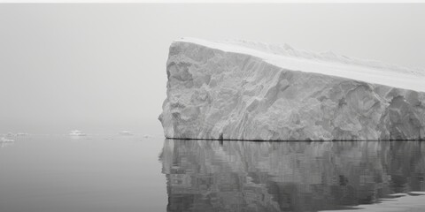 A large iceberg floating in the middle of a body of water, with calm sea and blue sky