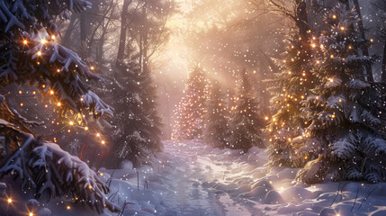 A snowy forest with a path leading to a Christmas tree