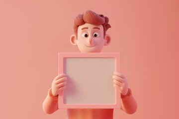 Obraz premium Charming Cartoon Character Holding Blank Frame for Personalized Message or Design