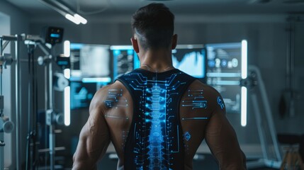 A muscular man stands with his back to the camera, wearing a futuristic back support that features glowing blue lines, in a modern gym with digital screens.