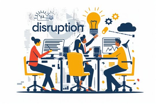 A team of four people are working together around a table, brainstorming ideas for disruptive innovation.