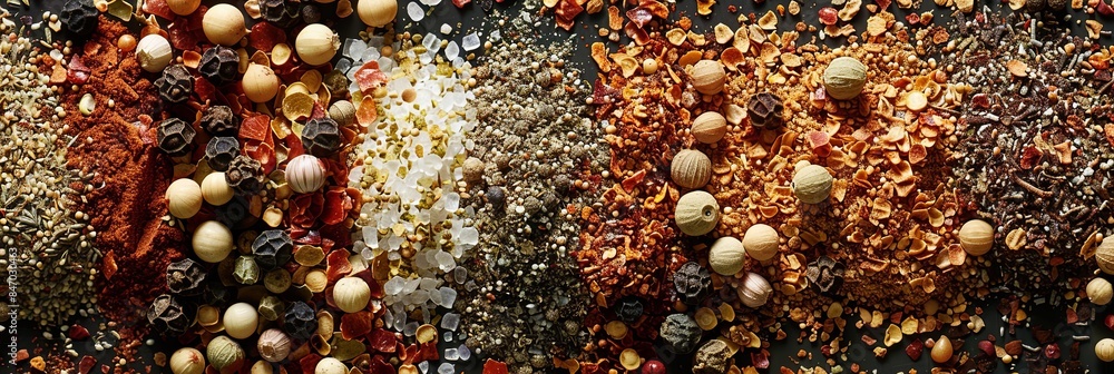 Poster a close-up shot of various spices spread out on a kitchen countertop. the assortment includes black 