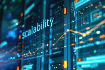 A graph highlighting the concept of scalability, displayed on a data centers server racks.