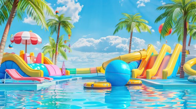 Aqua park with colorful amusement equipment, inflatable balls and rings, tropical palm trees, chaise lounge under parasol, vacation in hotel, outdoor fun! Generative AI