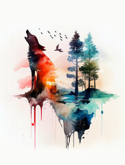 Watercolor Wolf and Forest Double Exposure Illustration