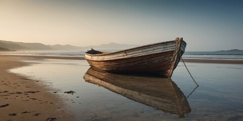 A solitary old wooden boat reflects on wet sand at sunrise, with calm seas and hills in the background