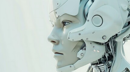 A close-up of a white robotic head, featuring intricate details and a human-like face. The robot looks towards the right side of the frame.