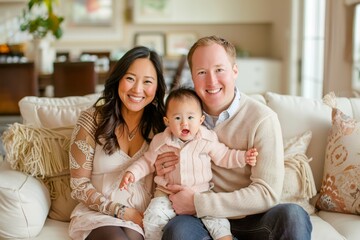 Obraz premium Happy family portrait, a family smiling and sitting on a white couch in the living room