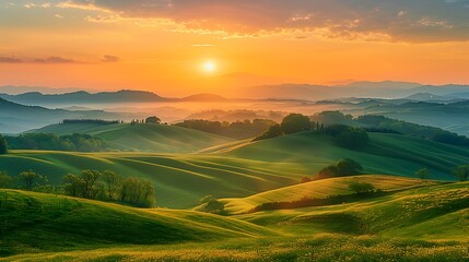 Sunset Over Rolling Hills Serene Rural Landscape