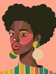 Fototapeta premium A digital illustration of a Black woman with an afro, wearing large earrings and a striped shirt