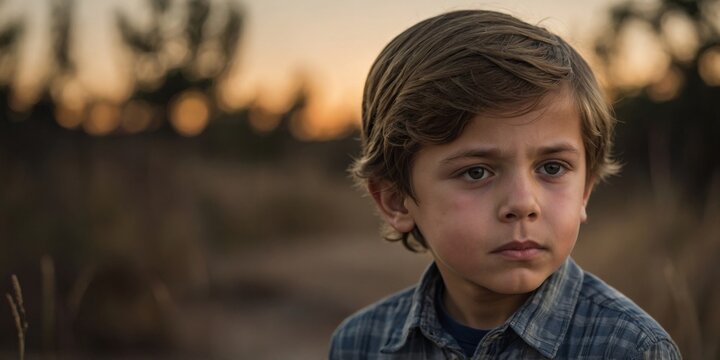 Boy alone in a dusky landscape, his expression evoking reflection and a touch of brooding sadness