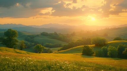 Obraz premium Sunset Over Rolling Hills Serene Rural Landscape