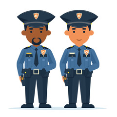 Two cartoon police officers standing side side, smiling, one African one Caucasian ethnicity. Both characters wearing blue police uniforms, badges, holstered guns, duty belts. Illustration set