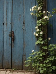 Weathered blue wooden door stands as main subject, with rusty metal latch on right side, partially covered by climbing plant with green leaves, white flowers. Door shows signs of age, wear.