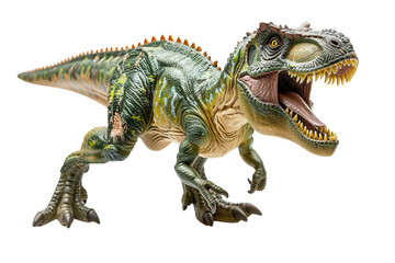 Realistic dinosaur model of a fierce T-Rex with an open mouth, showcasing intricate details of its scales and teeth.