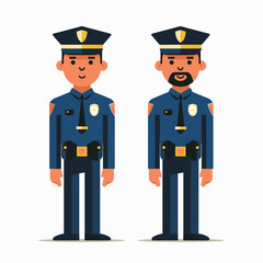 Two police officers standing side side, male, smiling, cartoon representation, ethnic diversity shown. Officers wearing blue uniforms, gold badges, belts, standing confidently, friendly law