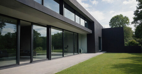 Sleek Lines, Lush Surroundings: The Cinematic Aura of Villa Living, Discovering the Cinematic Charm of a Modern Villa,  Cinematic shot, beautiful villa, lush green surroundings, black stone walls