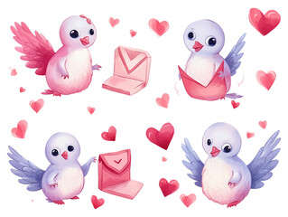 Watercolor valentines day love pigeon couple, hand drawn watercolor illustration for greeting card or invitation design