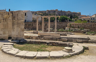 Ancient columns in the library of Hadrian in Athens, Greece 