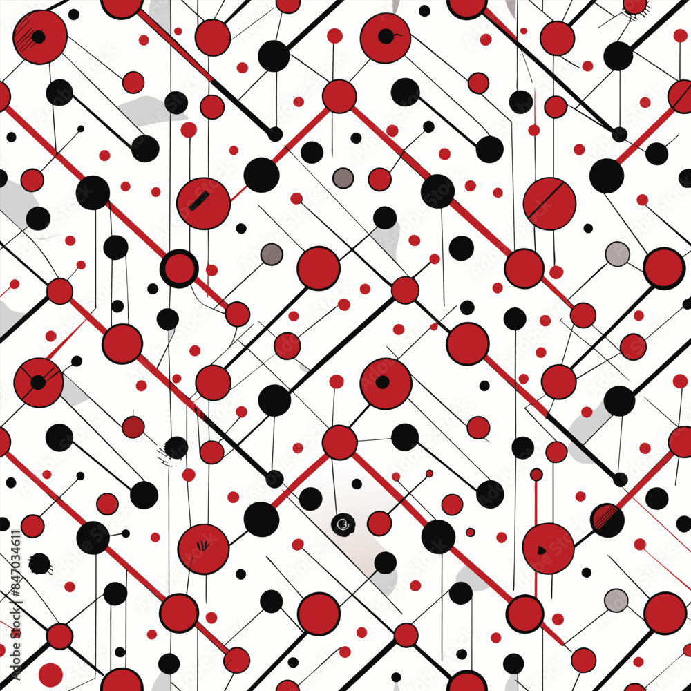 Poster a seamless pattern featuring red and black circles connected by thin lines, arranged in a diagonal g