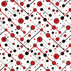 A seamless pattern featuring red and black circles connected by thin lines, arranged in a diagonal grid on a white background. Generative AI
