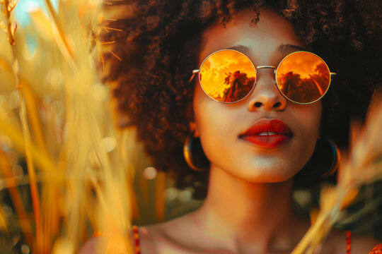 Beautiful Afro American Girl Wearing Sunglasses Enjoying A Beautiful Summer Evening In A Field Of Wild Flowers. Summer Trendy Concept With Copy Space. Ai Generated
