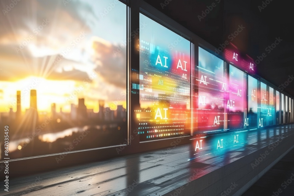 Poster glowing ai symbols on a reflective surface, illustrating the presence of artificial intelligence in 