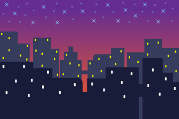 City skyline vector illustration. urban landscape. View of a night city silhouette complete with blue stars in a flat style