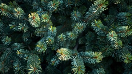 top view of healthy green pine trees with sunlight filtering through the branches,