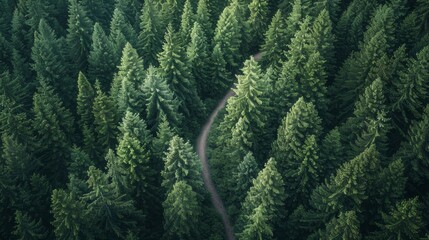 view of healthy green pine trees with a winding forest path snaking through the trees