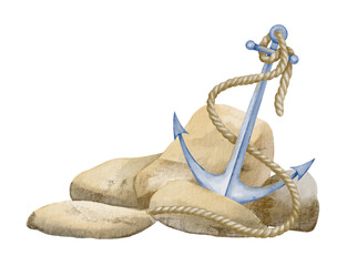 Watercolor Anchor with Rope and Rocks. Illustration of pebbles in pastel beige and blue colors for Nautical style. Marine element on isolated background. Drawing for print design or icon © Alisles