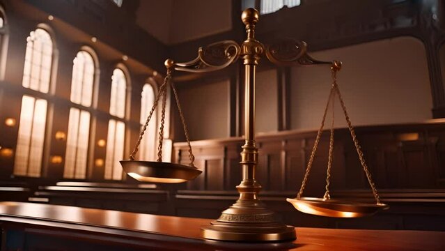 An elegant close-up of golden scales of justice in a courtroom setting, symbolizing fairness and balance in the legal system. The warm lighting and intricate details evoke a sense of authority 