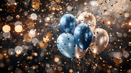 Elegant 3d rendering of golden and blue balloons with confetti on sophisticated black background