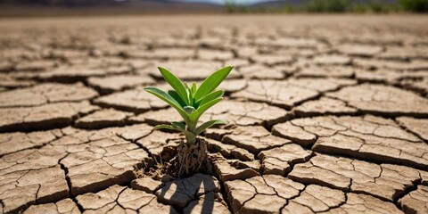 Small green plant sprouting through the cracks of dry, parched earth, symbolizing hope and resilience