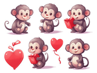 Watercolor valentines day love monkey couple, hand drawn watercolor illustration for greeting card or invitation design